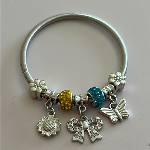 Silver Charm Bracelet with Yellow & Blue, Sunflower, Butterfly, Bow Accents NEW - Picture 5 of 7
